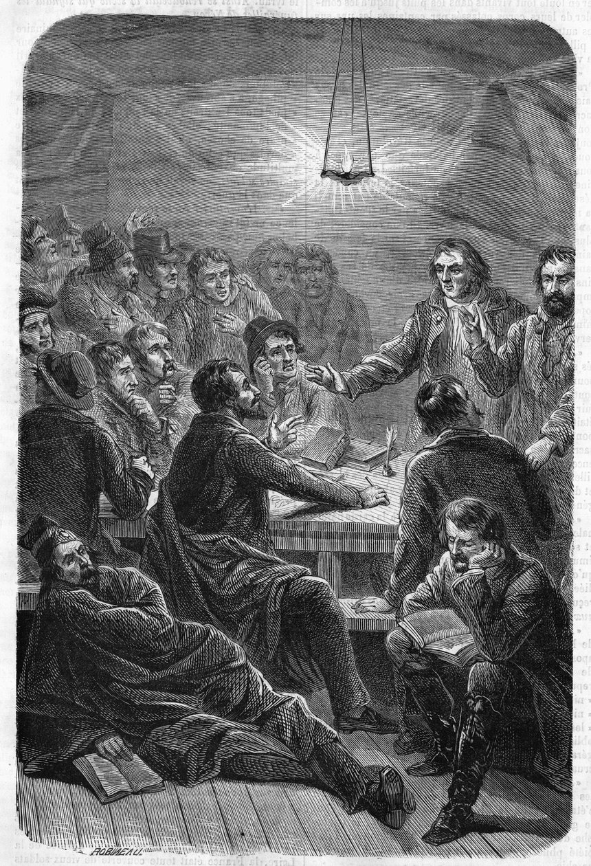 Sale (Reunion) of Carbonari. (Charbonnerie or Carboneria, early 19th century).Engraving of 1864. av Unknown artist