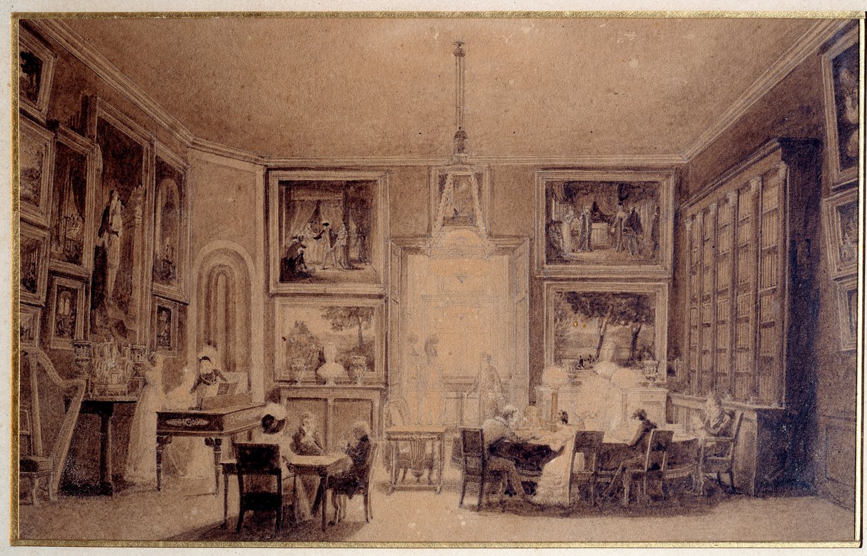 Salongen til dronningen av Holland Hortense de Beauharnais (1783-1837) i Augsburg. Gravering av Paris fra 1800-tallet. Thiers bibliotek av Unknown artist