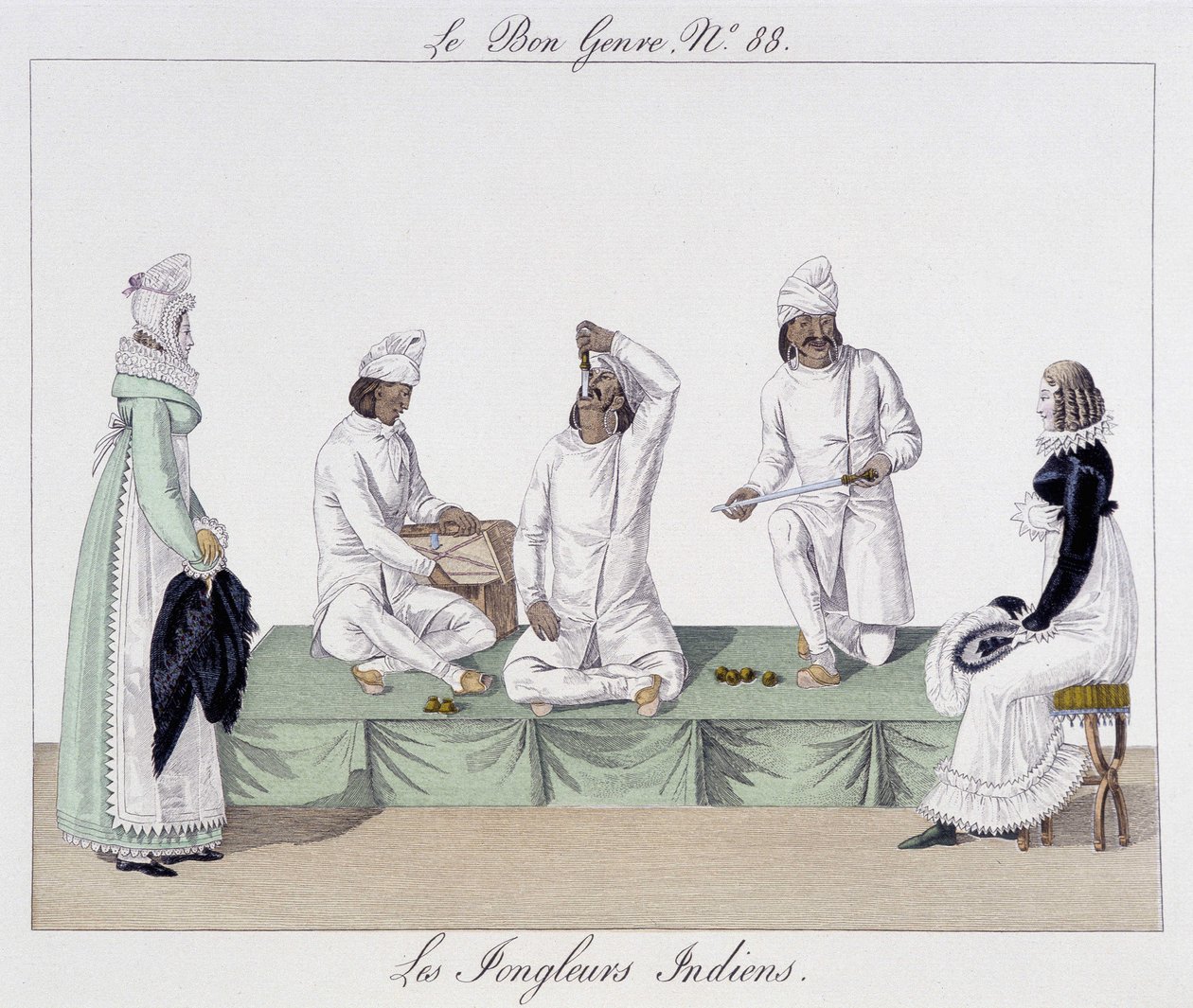 Saltimbanks: Indiske sjonglører, knivsvelging - i "" The Good Kind", deb. 1800-tallet av Unknown artist