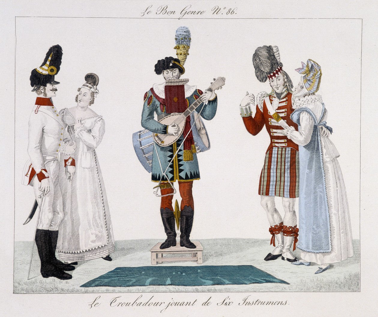 Saltimbanks: Trubaduren spiller seks instrumenter - i "" Le bon sjangeren"", deb. 1800-tallet av Unknown artist