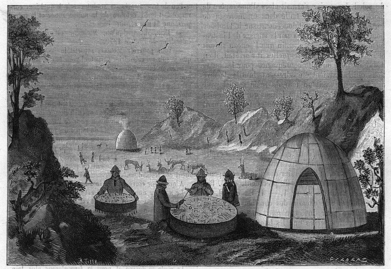 Sami wizard predicting the future by means of a magic drum.Engraving from 1885. av Unknown artist