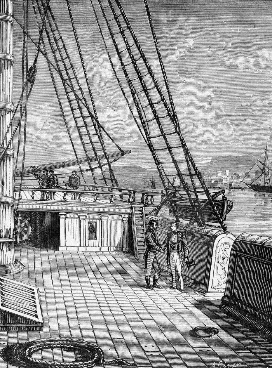 Samuel Morse (1791-1872), oppfinner av den elektroniske telegrafen (1844) og Morse-alfabetet ombord på rutebåten "Sully" i 1832. Gravering 1800-tallet av Unknown artist