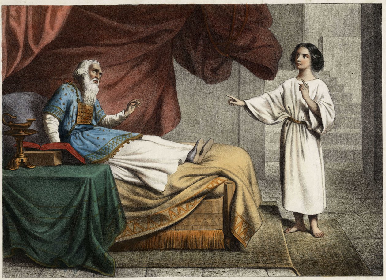 Samuel, som hører stemmen til Herren som kaller ham midt på natten, tror at dette er hans mentor ypperstepresten Eli (Heli). Anonym gravering fra midten av 1800-tallet. av Unknown artist
