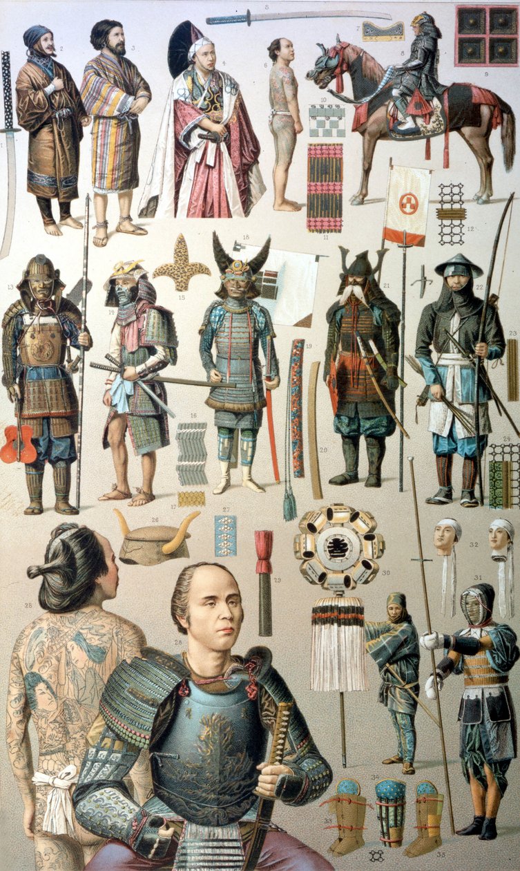 Samurai-kostymer, våpen og rustninger. 1800-tallet. av Unknown artist