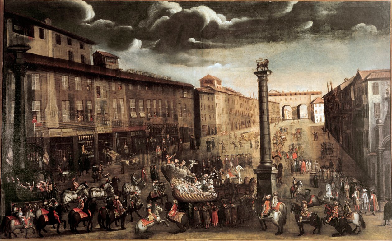 San Babila-plassen under karneval, Milano (maleri, slutten av 1600-tallet) av Unknown artist
