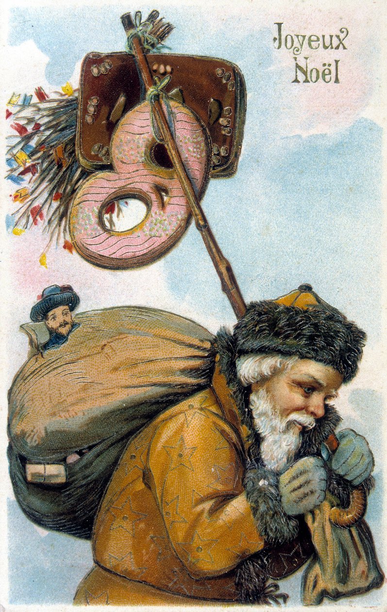 Julenissen har på seg gaver på ryggen. av Unknown artist