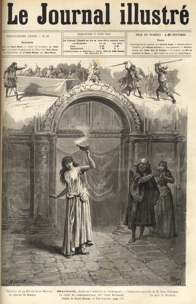 Sarah Bernhardt: Lady Macbeth i "" Macbeth"", drama av Shakespeare, tilpasset av Jean Richepin - Theatre de la porte Saint-Martin - gravering i "Le journal illustrious"" fra 1884 av Unknown artist