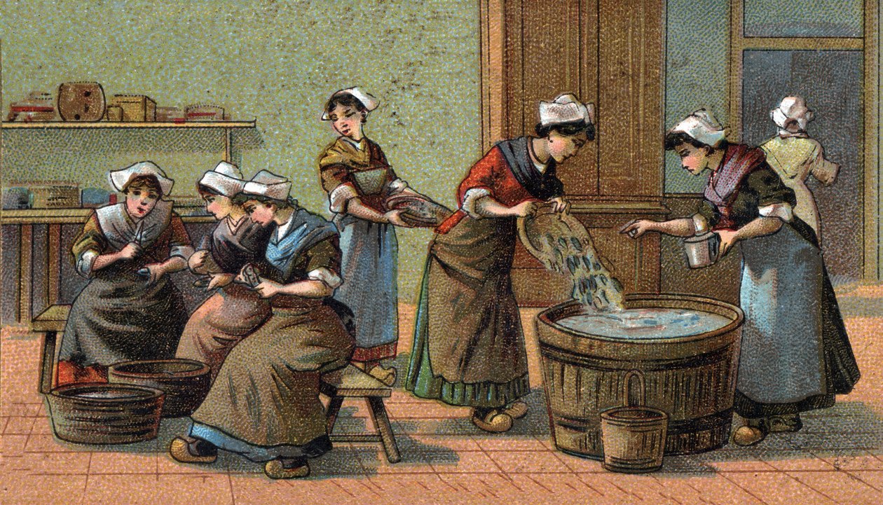Sardinindustri: skjærehoder, salting. Kromolitografi fra slutten av 1800-tallet av Unknown artist