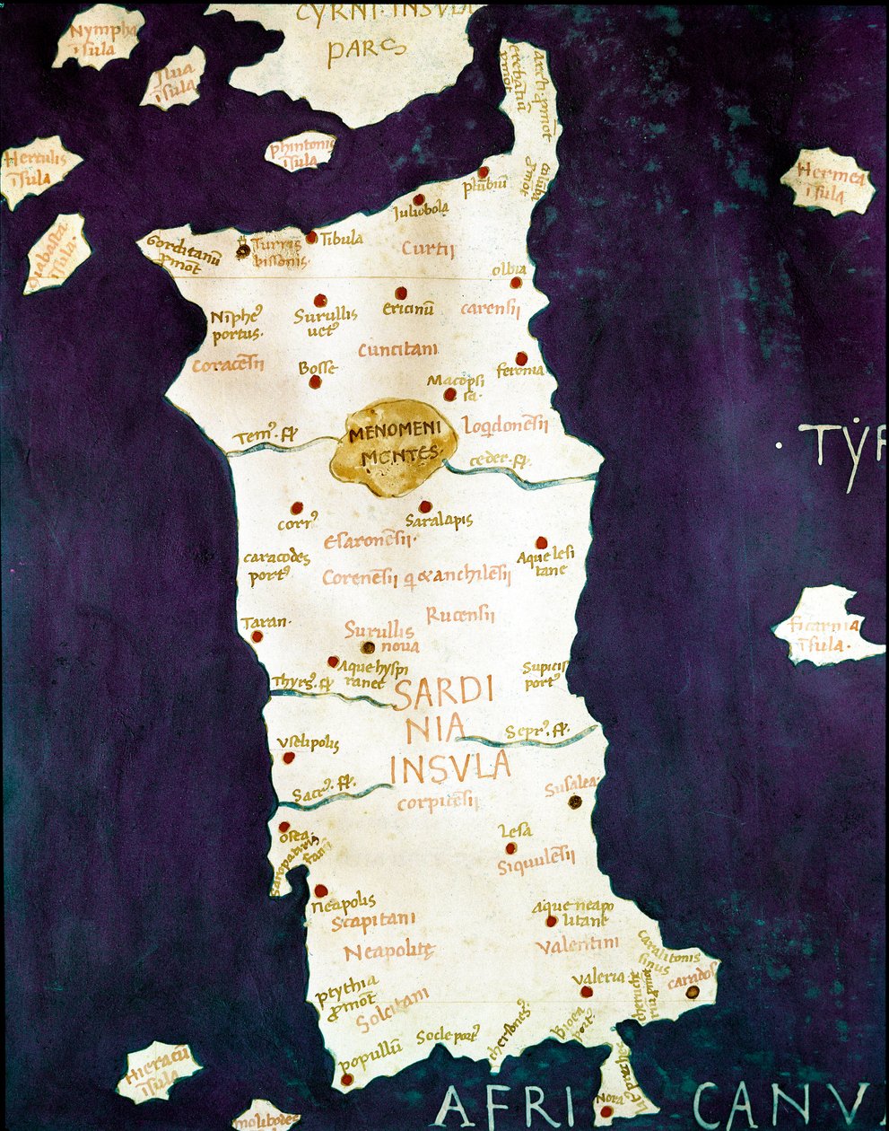 Sardinia (Sardegna). Detalj av et geografisk kart som følger med "Cosmographia"" (geografi) av Claude Ptomelee (2. århundre e.Kr.), sent på 1400-tallet Napoli, Biblioteca dei Gerolamini av Unknown artist