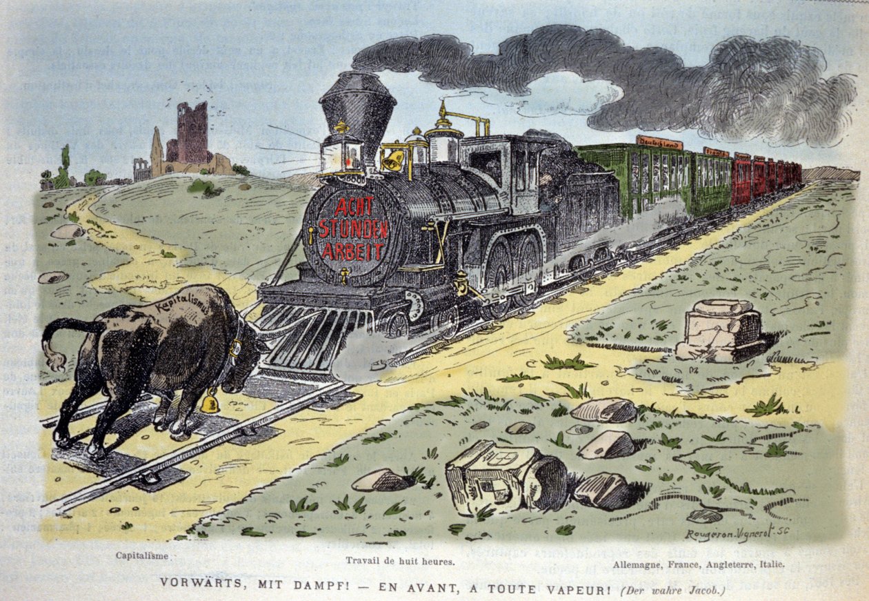Satirisk allegorisk vignett: kapitalismens oksesymbol prøver å stoppe arbeidsreformens tog. Hver vogn er designet for et land: Tyskland, Frankrike, England, Italia 1897 av Unknown artist