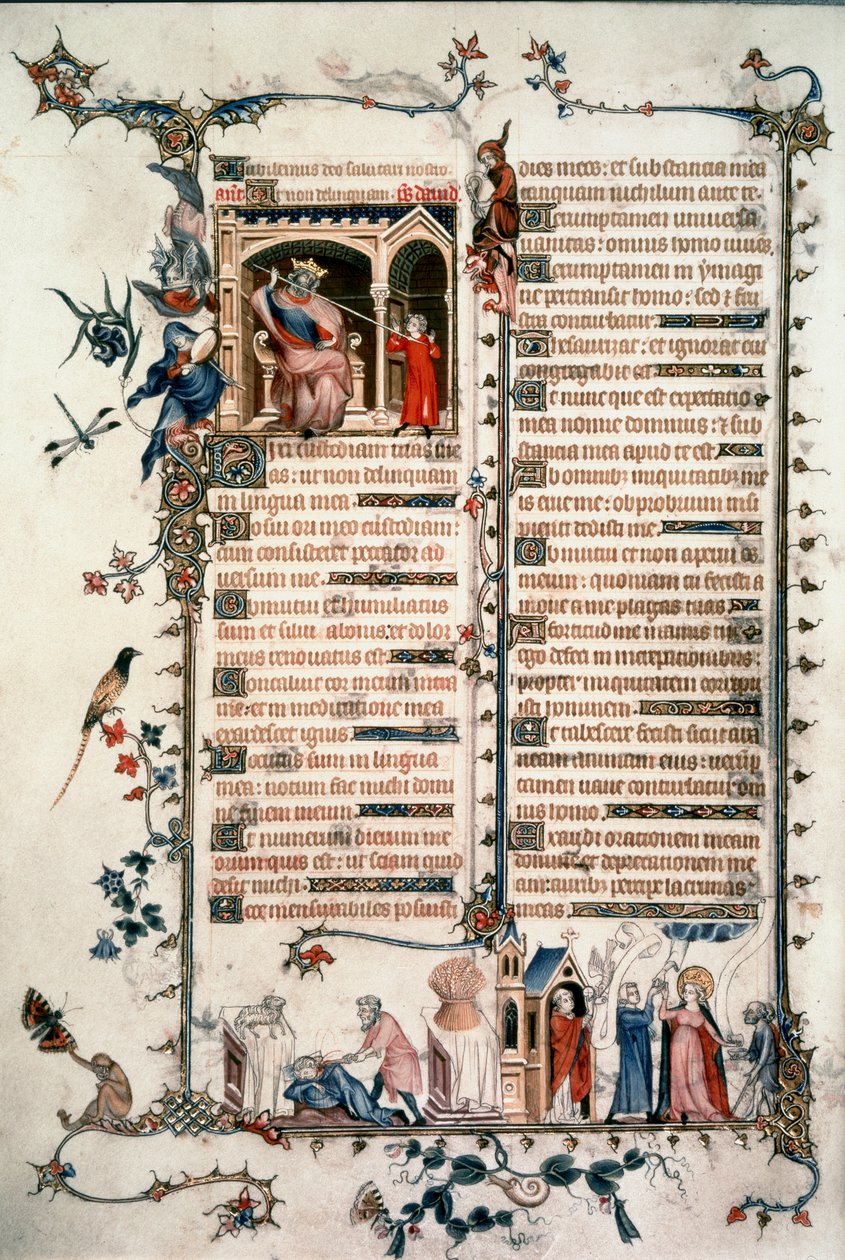 Saul truer David, Kain dreper Abel, Allegorier om eukaristien og nestekjærlighet. Breviary of Belleville. 1323-1326. Ms. Lat. 10483 fol.24v. - Jean Maid. Belleville Breviary av Unknown artist