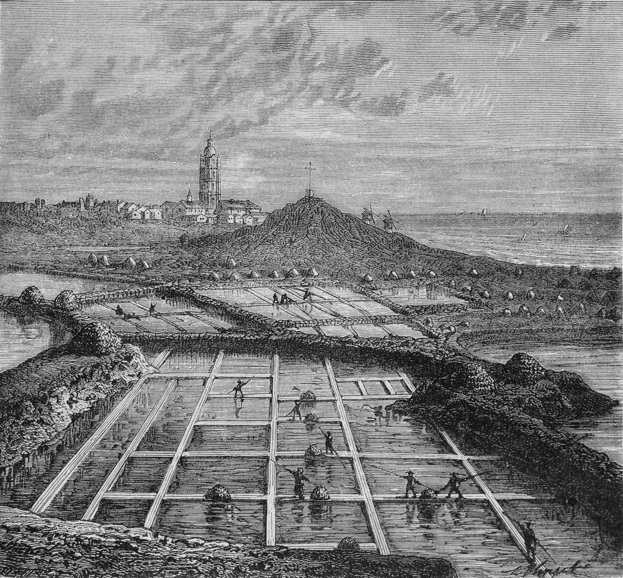 Sauniers i en saltmyr i Bourg de Batz, nær Croizic (Bretagne) under Saunage-perioden. I "" industriens underverk"" av Louis Figuier. av Unknown artist