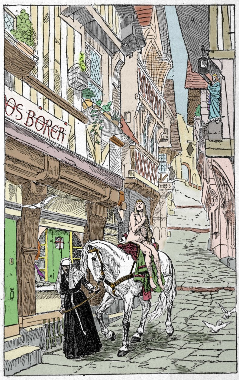 Saksisk legende: Godiva (Lady Godiva eller Godgifu), en saksisk kvinne som i begynnelsen av år 1000 krysset naken på hesteryggen over gatene i Coventry i England, for å overbevise ektemannen om å redusere skattene han påla for å finansiere sin militær camp av Unknown artist