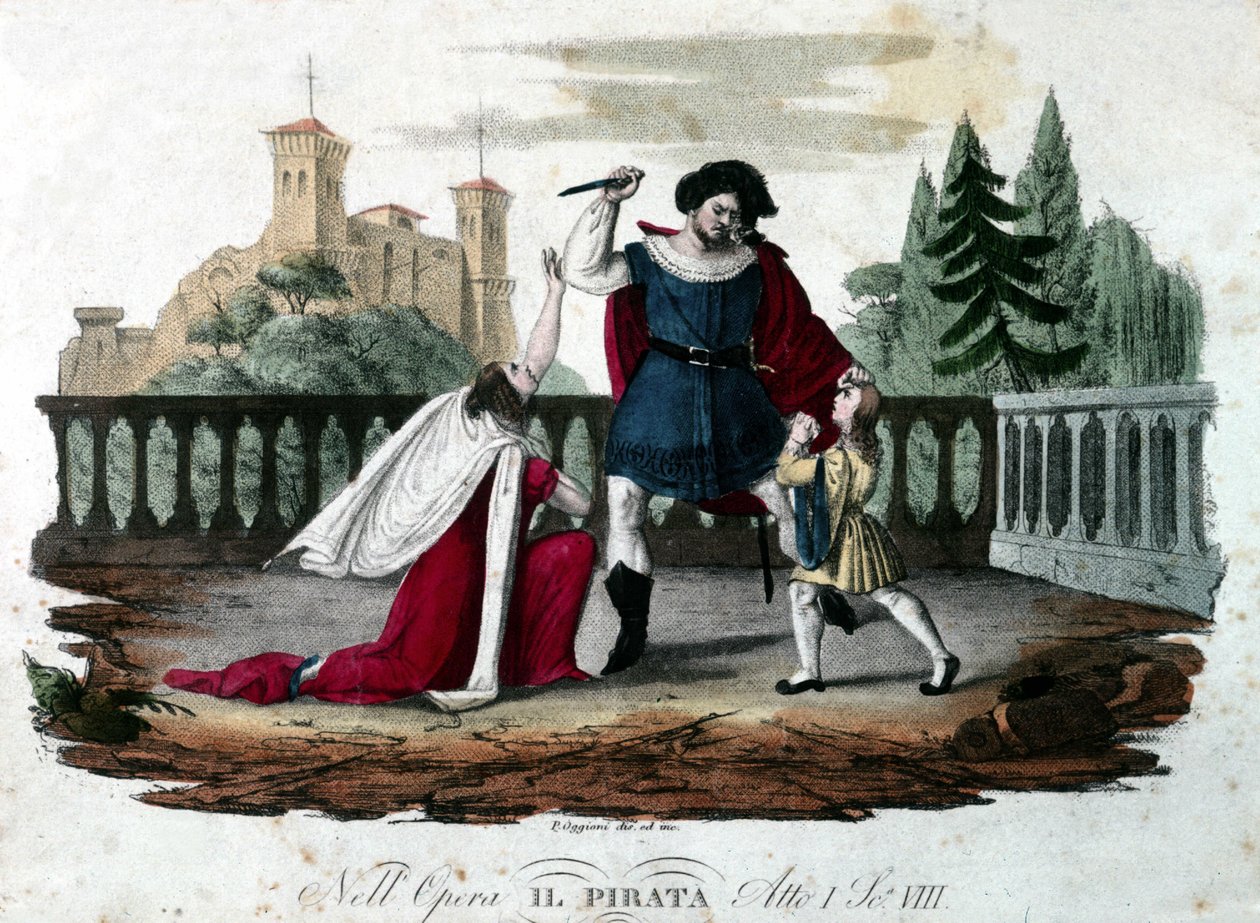Scene 8 i akt V av "" Il pirata"" (The Pirate) av Vincenzo Bellini. Coloree gravering fra 1827. Første forestilling på teatro alla Scala. av Unknown artist