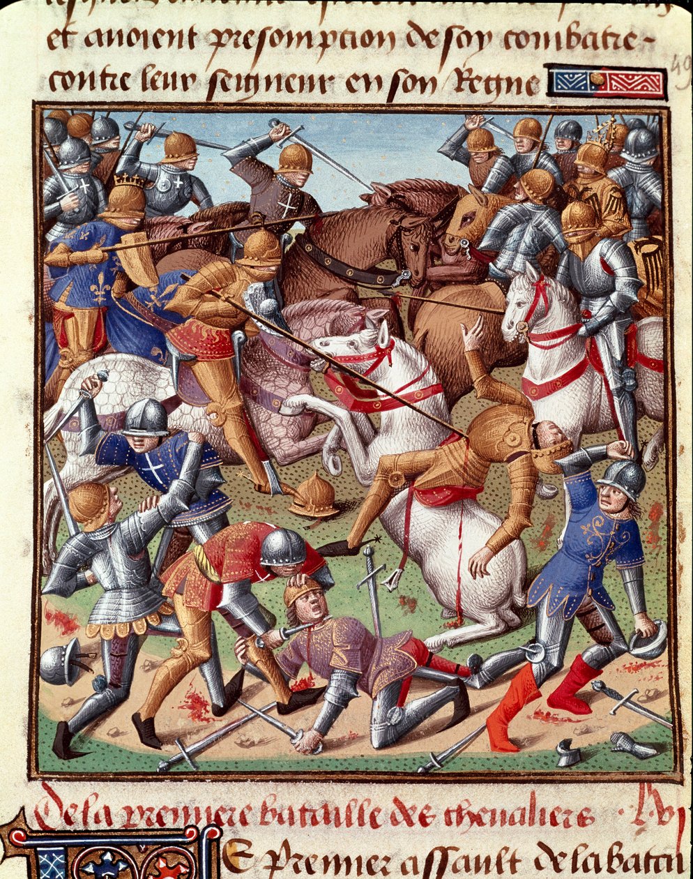 Scene de bataille Miniature in "" Le miroir historial"" (Speculum Historiale) (ms. 1196 fol. 408 r.) av Vincent de Beauvais (1190-1264) oversatt til fransk av Jean de Vignay av Unknown artist