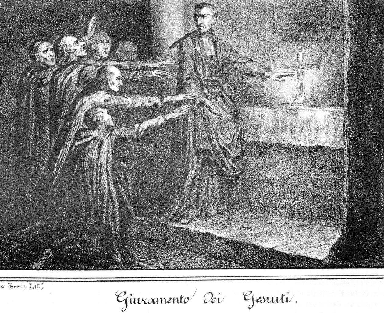 Scene som viser jesuiter som avlegger ed. Gravering fra slutten av 1800-tallet. av Unknown artist