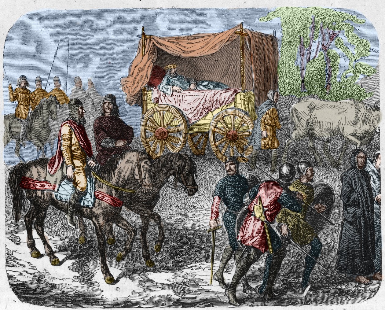 Scene som skildrer de late kongene: Kongen av Frankrike Thierry III (673-691) bærer i en tank med en seng trukket av okser. av Unknown artist