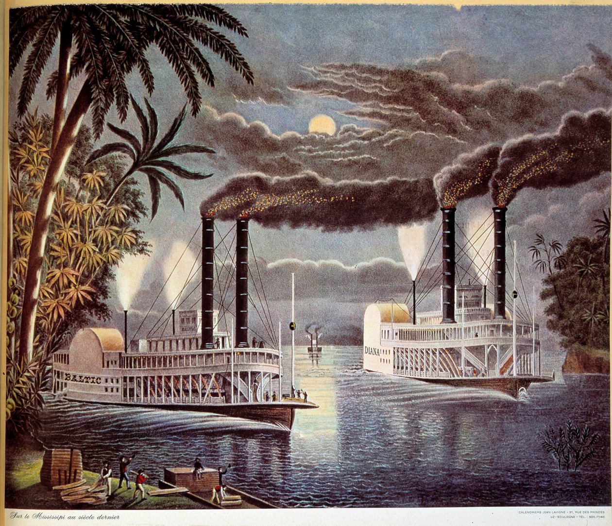 Scene for båtnavigering på Mississippi-elven i USA. 1800-tallet. Paris, dekorativ kunst av Unknown artist