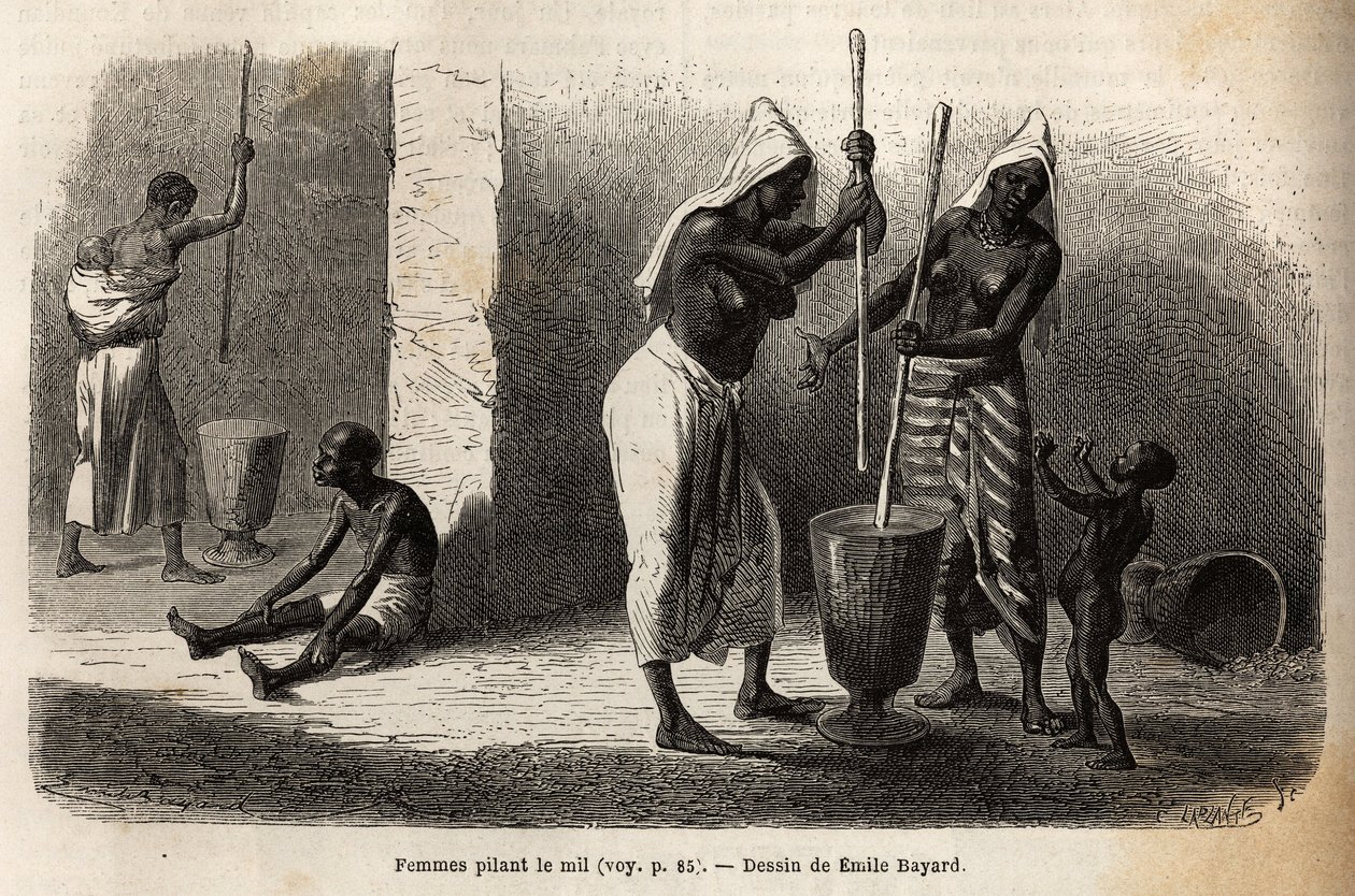 Scene i dagliglivet: kvinner som banker hirse, i Sekou (Niger), omgitt av barn. Gravering for å illustrere reisen til Vest-Sudan til løytnant (Marine) M.Mage, i 1863-1866, publisert i "Le tour du monde, nouveau journal des voyages", under regien av Unknown artist