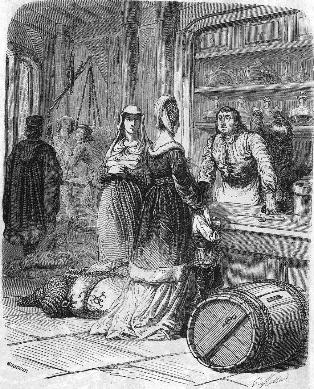 Scene i hverdagen, butikk på 1400-tallet. av Unknown artist