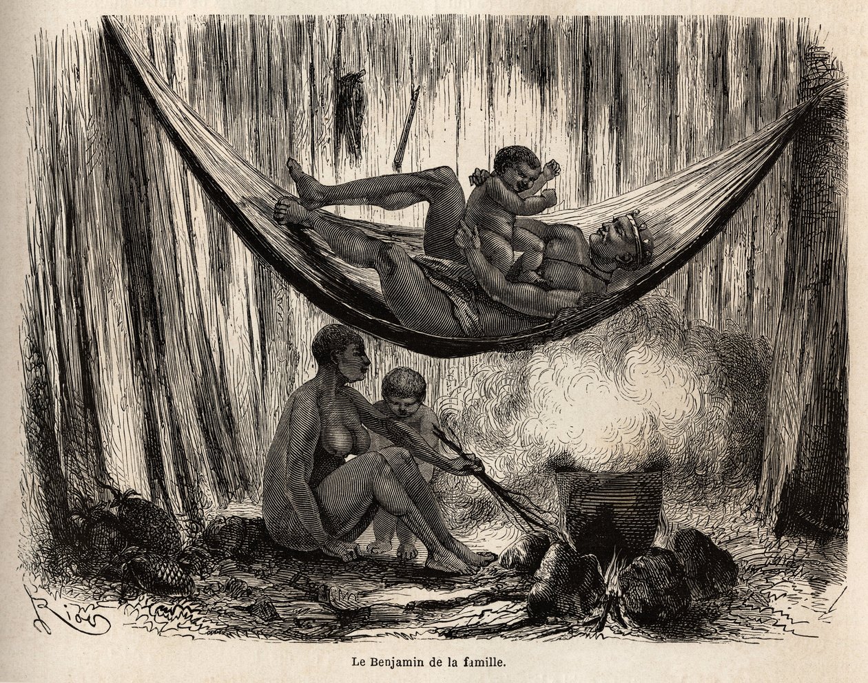 Scene av familielivet til Yahuas-indianerne fra misjonen til San Jose (Peru), mannen leker med sin siste n i en hengekøye, mens kona og lyskebarnet forbereder stilker av palme-chambira, bestemt for å lage hengekøyer-nett der Yahuas utmerker seg. Engra av Unknown artist