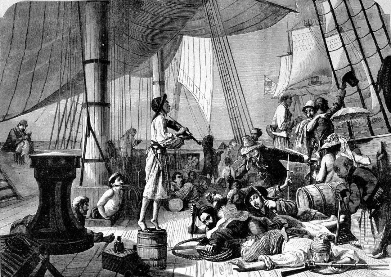 Scene på dekket av et piratskip. 1800-talls gravering. av Unknown artist