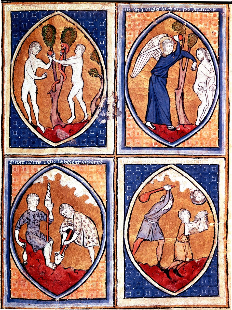 Scener fra Bibelen avbildet i mandorles. Opp Adam og Eva plukker den forbudte frukten, og jakter deretter fra himmelen. Der nede arbeider Adam jorden og Eva gir ullen, Kain og Abel. Miniatyr fra et manuskript fra 1200-tallet. Porto, kommunalt bibliotek av Unknown artist