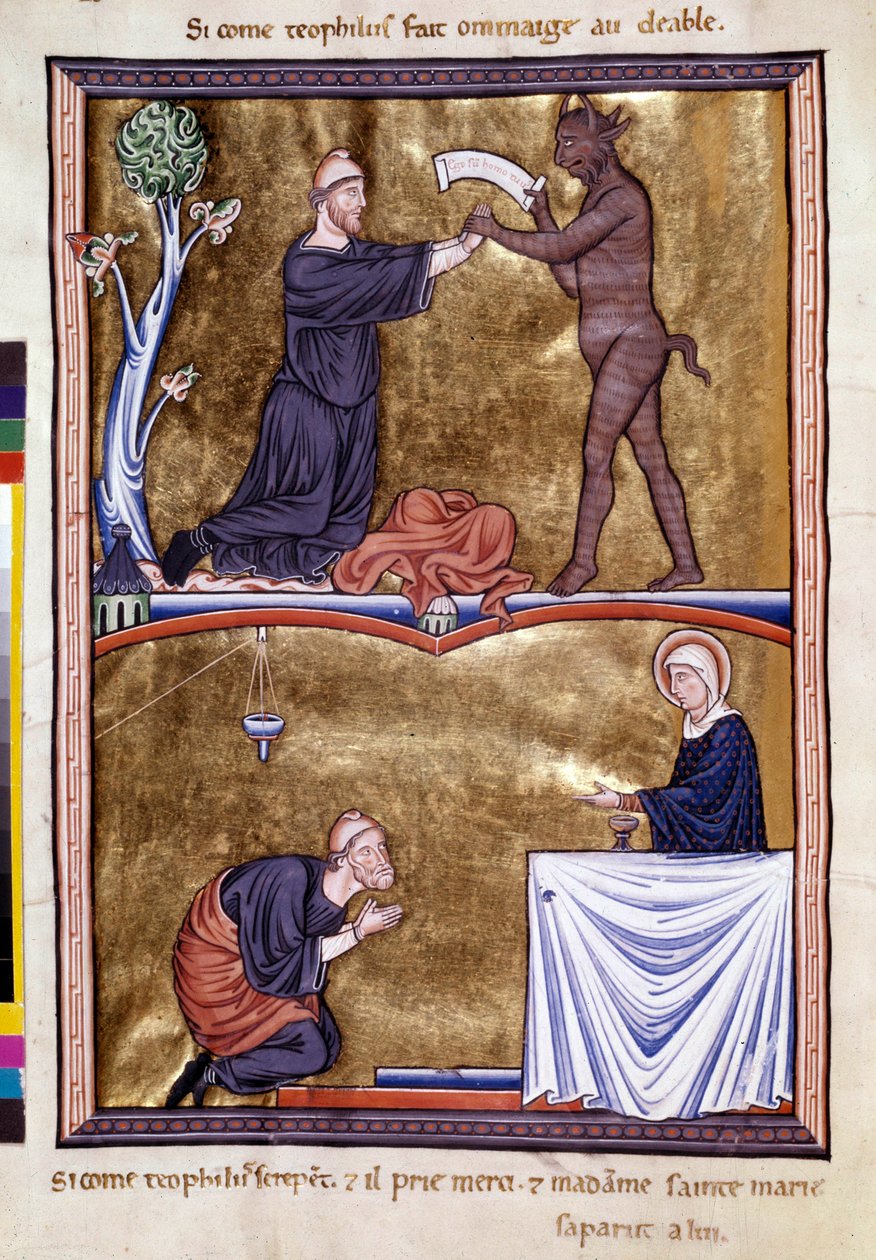 Scener fra livet til munken Saint Theophile the Penitent (6. århundre). Han ropte til djevelen for å få ham ut av tiggingen. Han gjorde bot resten av livet. Miniatyr fra “” Psalter of Ingeburg of Denmark””, ca 1210. Sainte Genevieve Library av Unknown artist