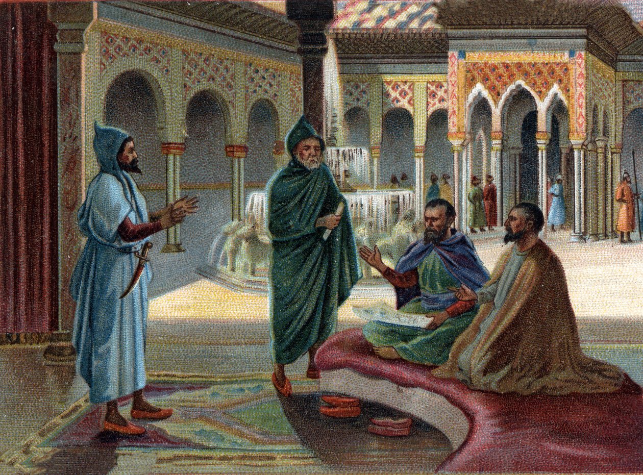 Scener of Disappeared Kingdoms: Moorish Council (maurisk, navn gitt til arabere som okkuperte en del av Spania) i Alhambra-palasset i Granada. Granada er den siste mauriske staten, ferdigstilt i 1482. Kromolitografi fra 1800-tallet. av Unknown artist