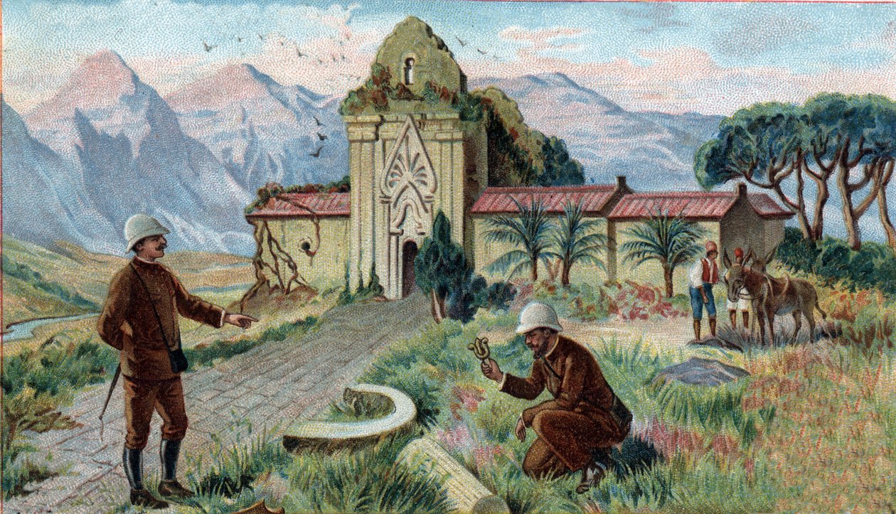 Scenes of Missing Kingdoms: Tempel i fjellene i Qui-Nhon-provinsen i Kambodsja. Kromolitografi fra 1800-tallet. av Unknown artist