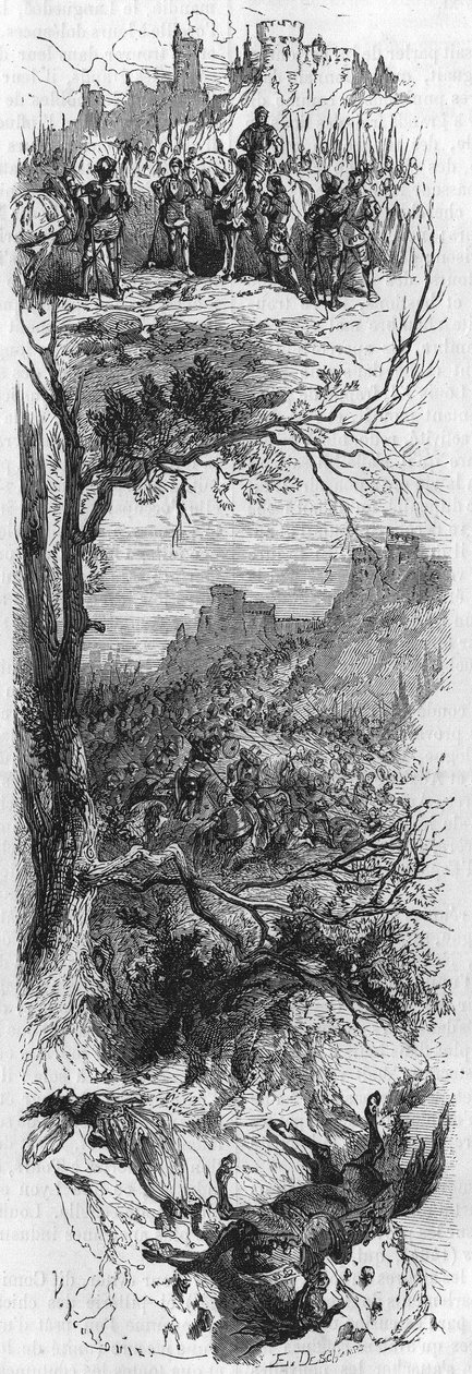 Scener av kamper. Louis XI ga et halskjede til Raoul de Lannoi (1481), Combat de Therouanne (1480) og Marie de Bourgogne skadet av et fall av en hest (1482). Gravering av 1800-tallet. av Unknown artist