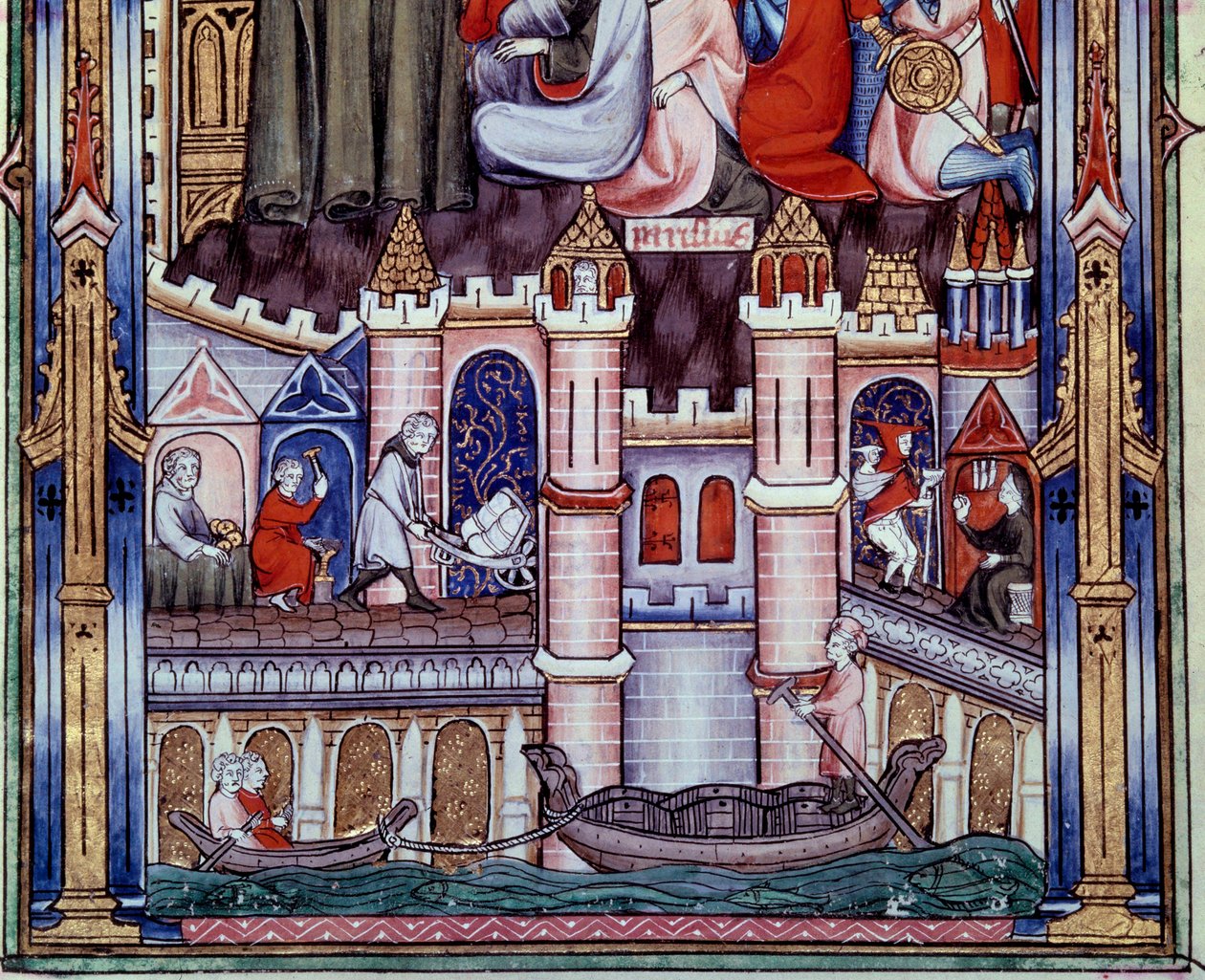 Scener med bygge- og navigasjonsarbeid i Paris i middelalderen. Miniatyr fra manuskriptet "" Life of Saint Denis"" av Yves, munk av Saint-Denis av Unknown artist