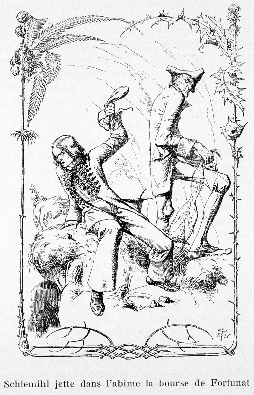 Schlemihl kaster Fortunats veske i avgrunnen - i "Den fantastiske historien om Pierre Schlemihl" av Aldebert Von Chamisso av Unknown artist