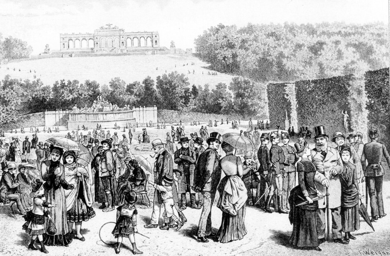 Schonbrunn Park, et kompleks av palasser og hager som ligger ikke langt fra Wien, var sommerresidensen til Habsburg-familien siden 1700-tallet. Litografi fra 1800-tallet. av Unknown artist