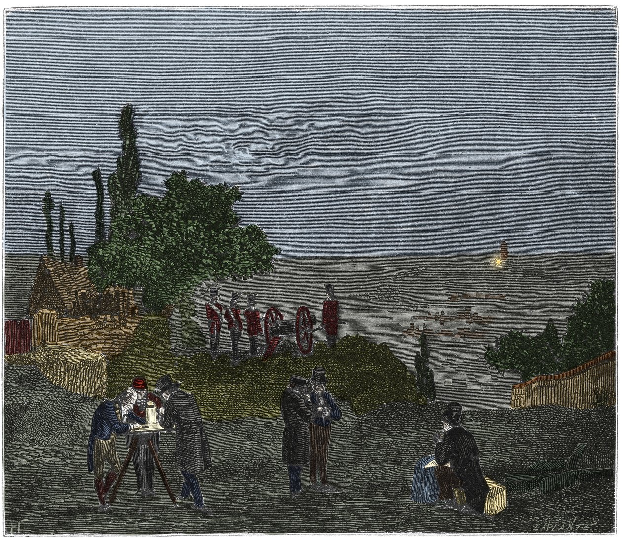 Vitenskapelig eksperiment: beregningen av lydens hastighet, av Humboldt, Louis-Joseph Gay-Lussac (Louis Joseph Gay Lussac), Bouvard, Prony og Mathieu, som bestemmer tiden som går mellom oppfattelsen av lys og det til et våpenskudd, på natten av Unknown artist