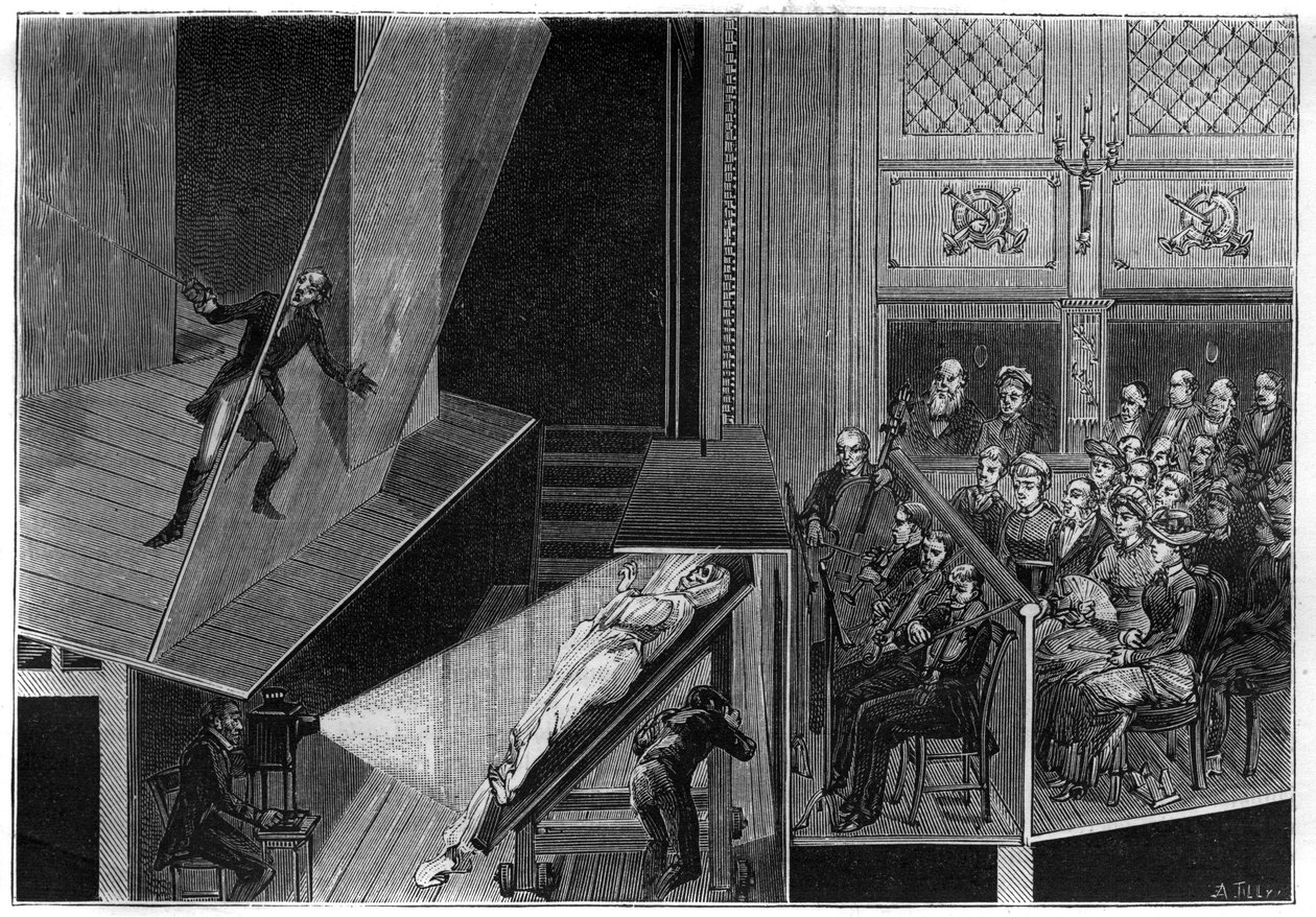 Scientific shows: living spectra. Cup of the room showing the device of experience with comedian fighting a ghost. Engraving in “” La Nature”” av Unknown artist