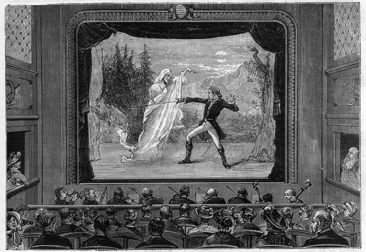 Vitenskapelige viser: levende spektre. Opplev spektra på teaterscenen. En komiker kjemper mot et spøkelse. Gravering i "" La Nature"" av Unknown artist