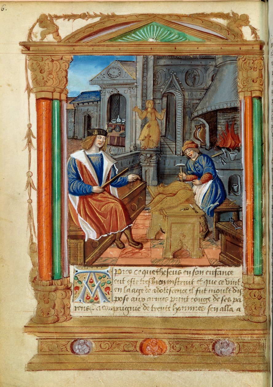 Skulptur: en mester kontrollerer arbeidet til lærlingen sin, og skulpturerer en ørn. Miniatyr fra "" Roman de Theseus de Cologne et de Godifer"" Paris fra 1500-tallet, B.N. av Unknown artist