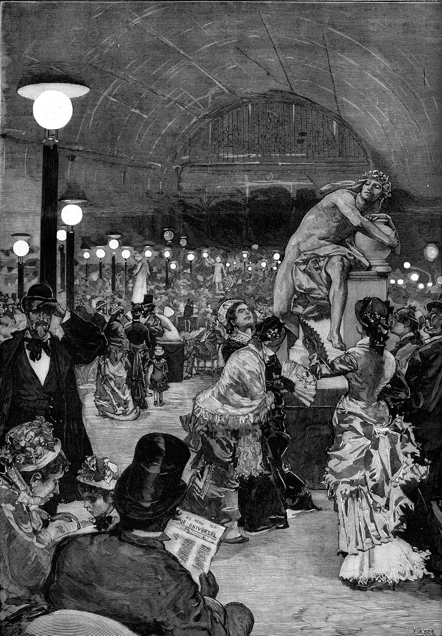 Skulpturrom på Salon de 1879 ved Palais des Champs-Elysees (Champs Elysees) i Paris. Gravering i "" Le monde illustrious"" av Unknown artist