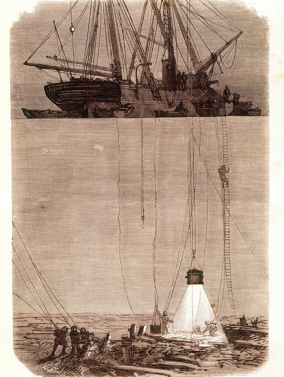 Søk etter spanske galleoner som ble forliste i Vigo Bay i 1702. Side hentet fra "" Emporio Picturesco"" 1871 av Unknown artist