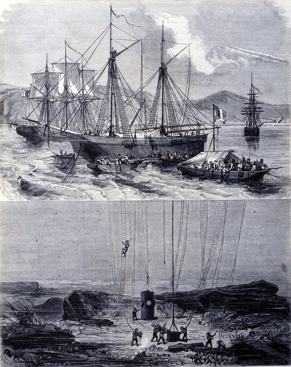Søk etter skipsvrak fra spanske galjoner i Vigobukta i 1702. 1800-tallet av Unknown artist