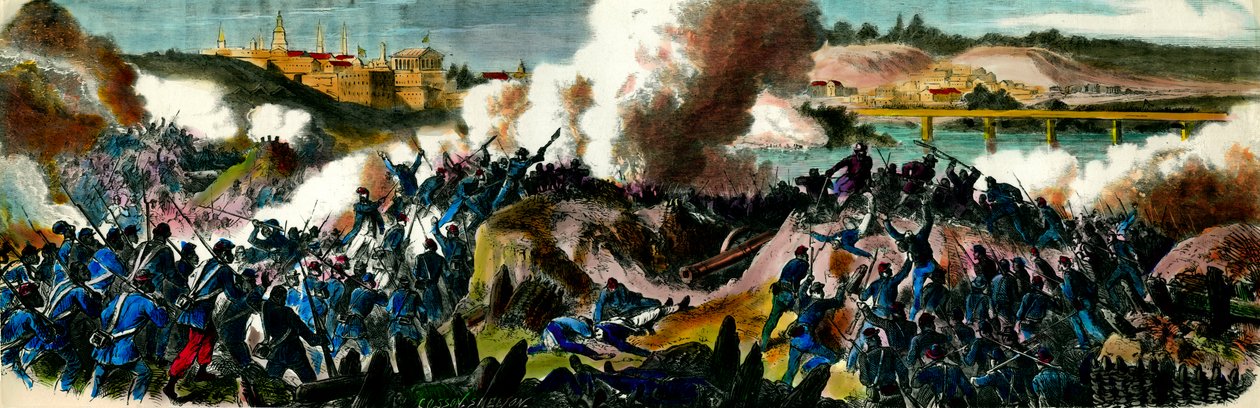 Løsrivelseskrig: Yankees fanget Richmond (Virginia), hovedstaden i det sørlige konføderasjonen i 1865. Gravering av privatsamlingen fra 1800-tallet av Unknown artist