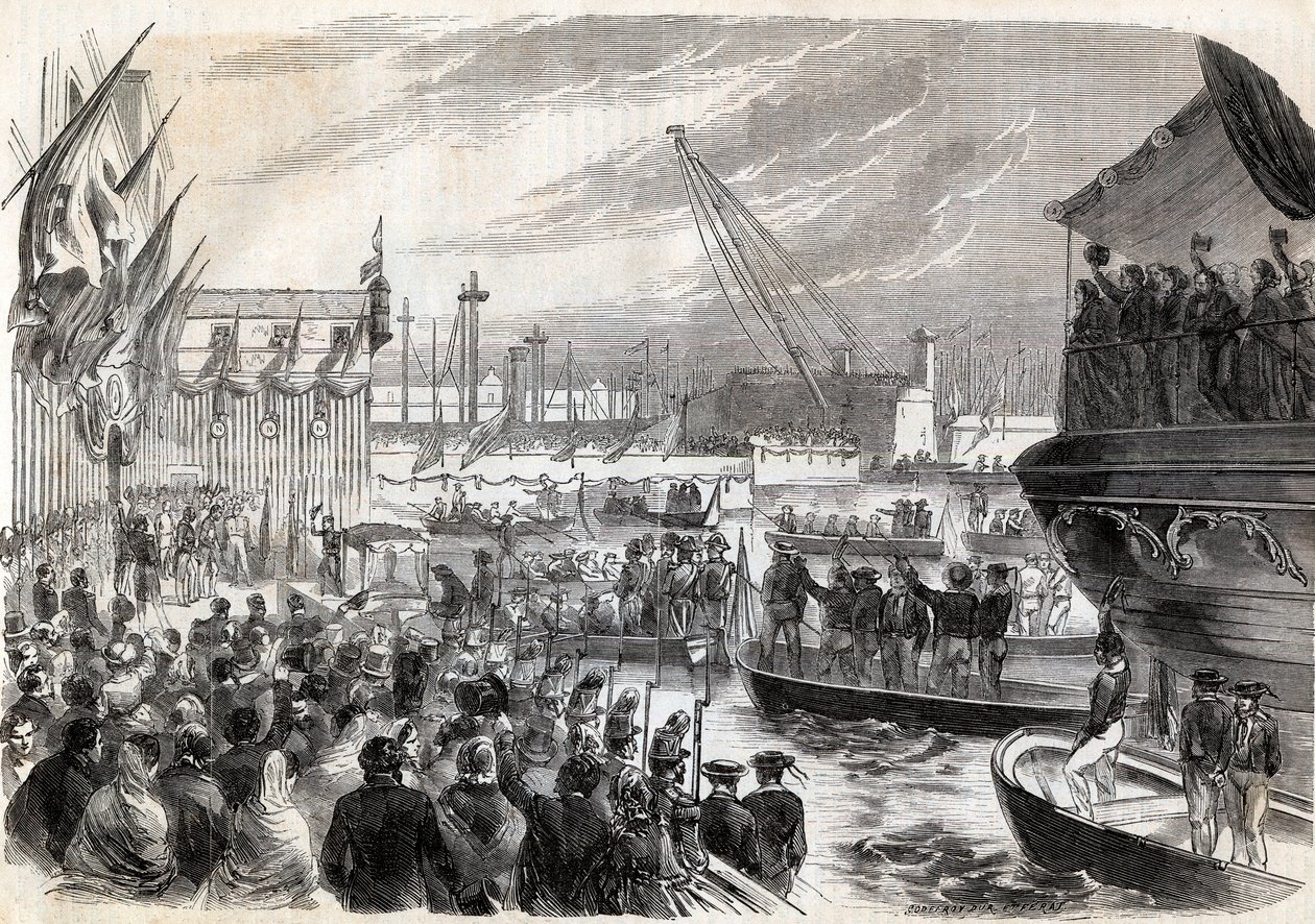 Andre italienske uavhengighetskrig, italiensk kampanje i 1859: Napoleon III (1808-1873) i havnen i Genes 12/05/1859 - Frenchs ankomst til Genova, 12. mai av Unknown artist