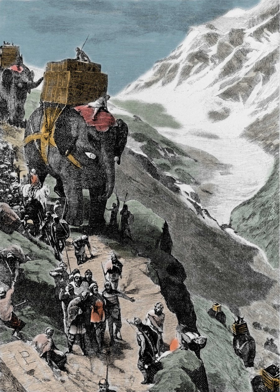 Andre puniske krig. Hæren til Hannibal Barca krysser Alpene, 218 f.Kr. Italiensk gravering fra 1800-tallet. av Unknown artist