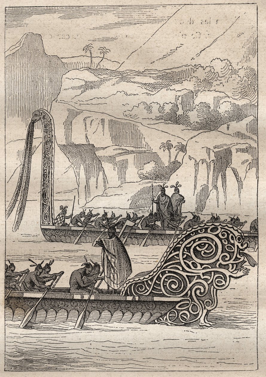 Second voyage (1772-1775) by Captain James Cook (1728-1779): Neo-Zelandans war canoes (Neo Zelandaises) - illustration taken from “” The Great Mariners of the 18th century”” av Unknown artist