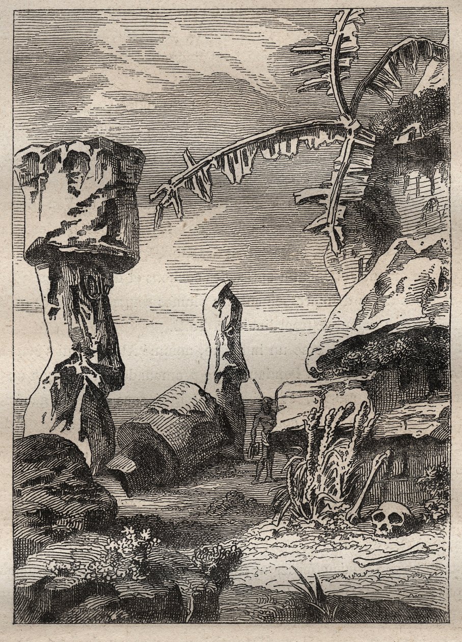 Second voyage (1772-1775) by Captain James Cook (1728-1779): monuments of Easter Island (monumental statues, moai) - illustration taken from “” The Great Mariners of the 18th century”” av Unknown artist