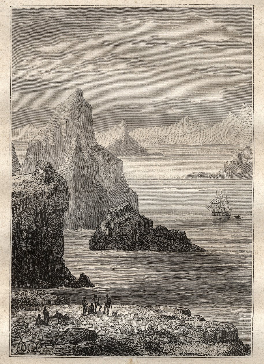 Andre reise (1772-1775) av kaptein James Cook (1728-1779): utsikt over Noel-kanalen, Terre de Fuego - illustrasjon hentet fra "The Great Mariners of the 18th century"" av Unknown artist