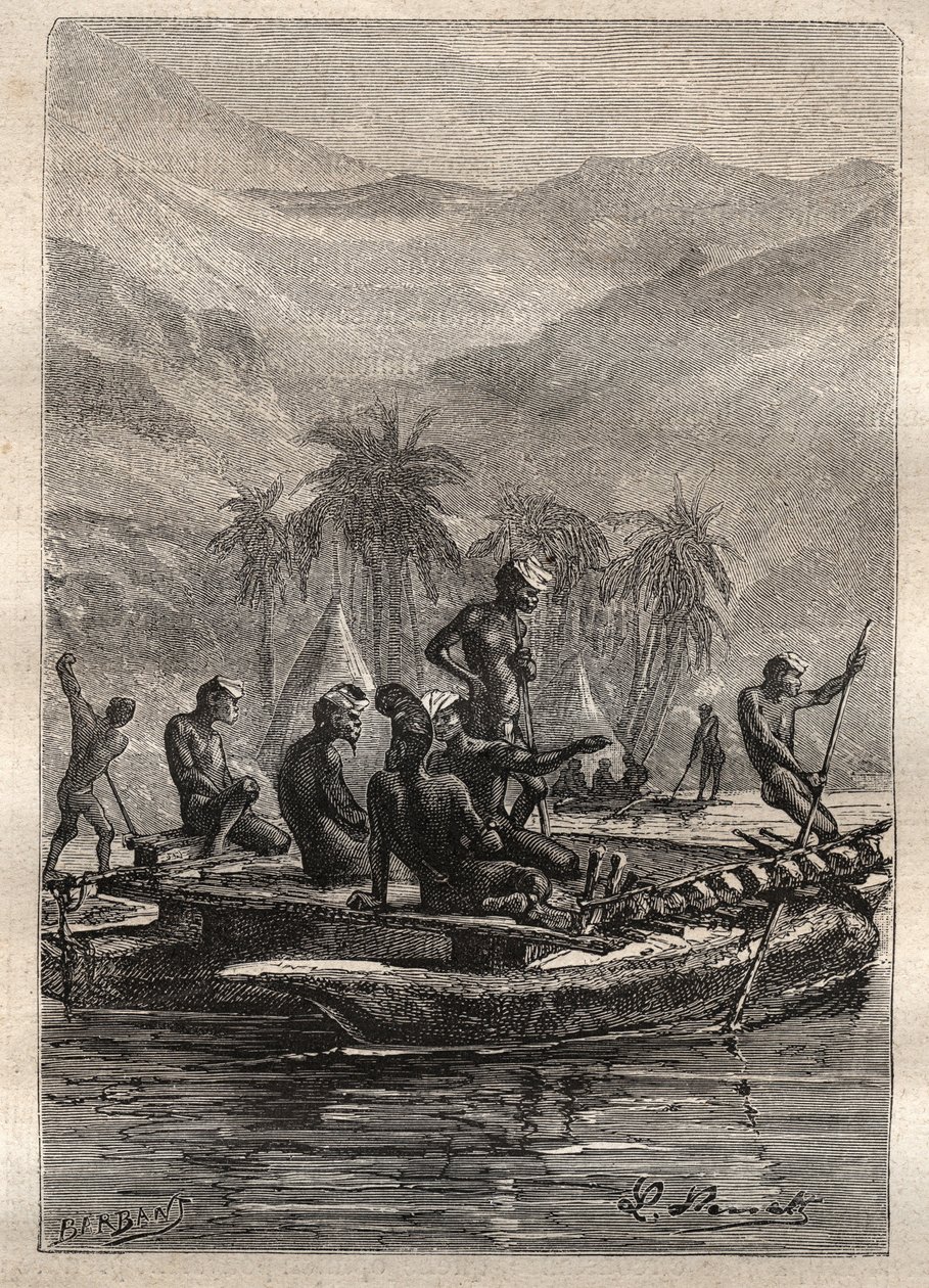 Second voyage (1772-1775) of Captain James Cook (1728-1779): the natives had enough confidence to approach and exchange (New Caledonia) - illustration taken from “The Great Mariners of the 18th century” av Unknown artist