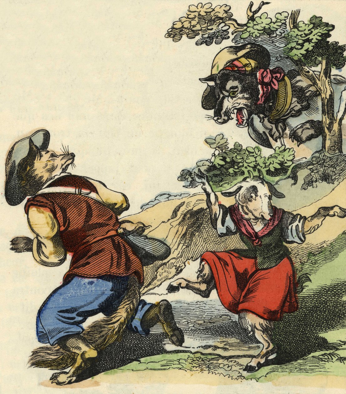 Seeing the wolf, Master Fox fled, leaving Little Chevrette in danger. Illustration of the tale “Bon medor and Little Chevrette””. In “” Tales from the home for the little ones””. Anonymous engraving of the 19th century. av Unknown artist
