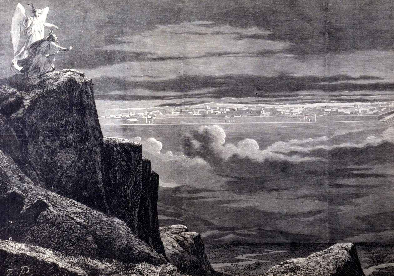 Sett av det himmelske Jerusalem; bilde av det jordiske Jerusalem etter den siste dommen, stiger det ned fra himmelen for å slå seg ned på jorden. Gravering av 1800-tallet. av Unknown artist